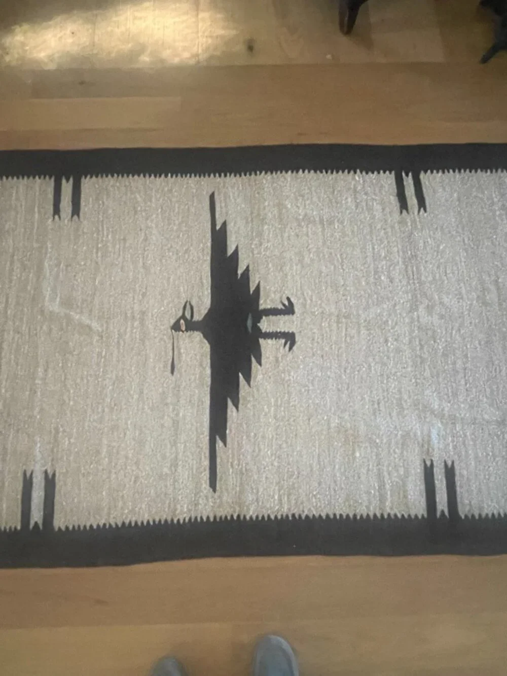 Vintage Mexican Zapotec Handmade Flatwoven Geometric Road Runner Beige Rug